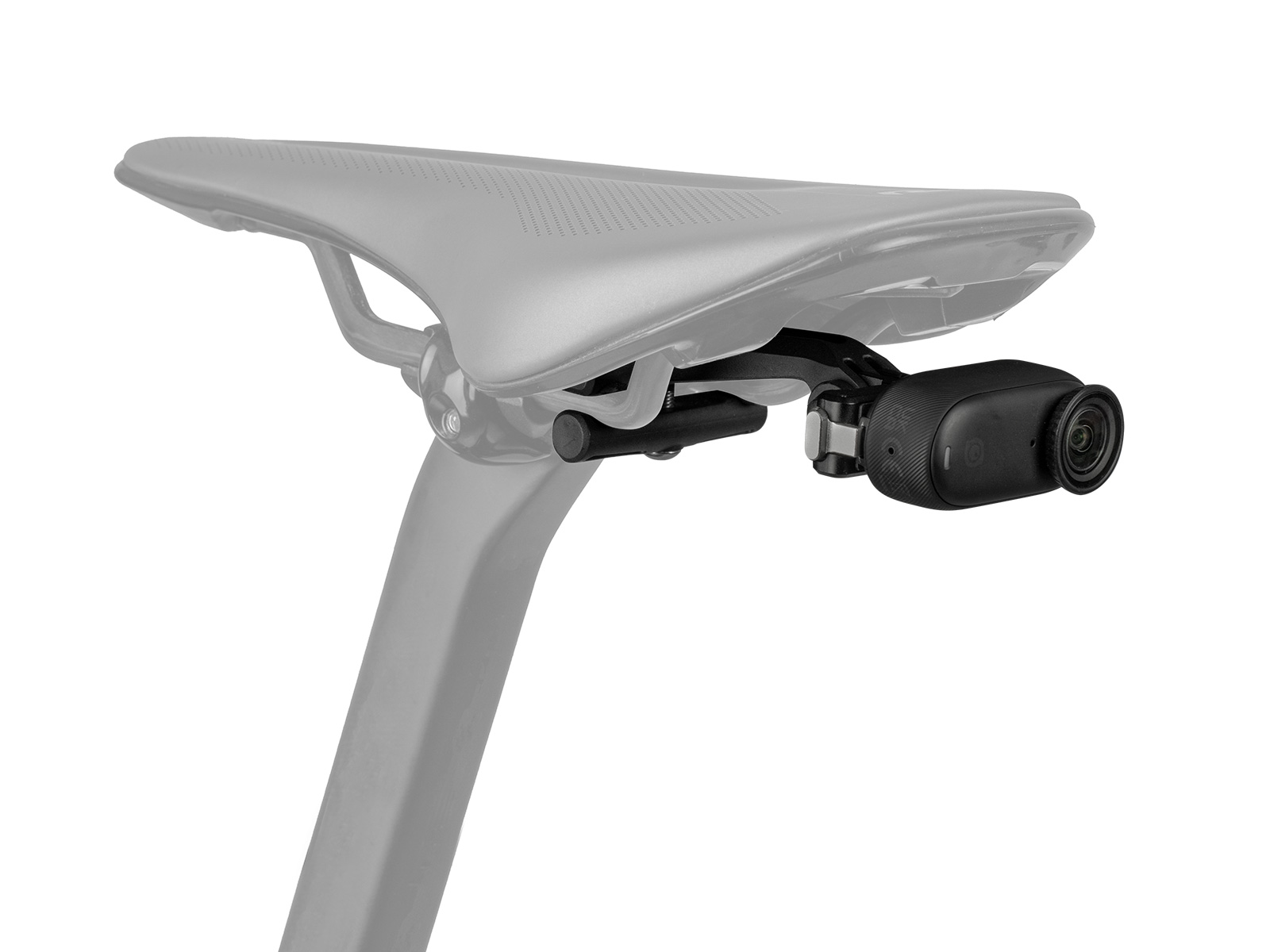 Topeak F35 Halterung für Action Kamera mit zylindrischer Kamera unter dem Fahrradsattel befestigt, seitliche Ansicht.