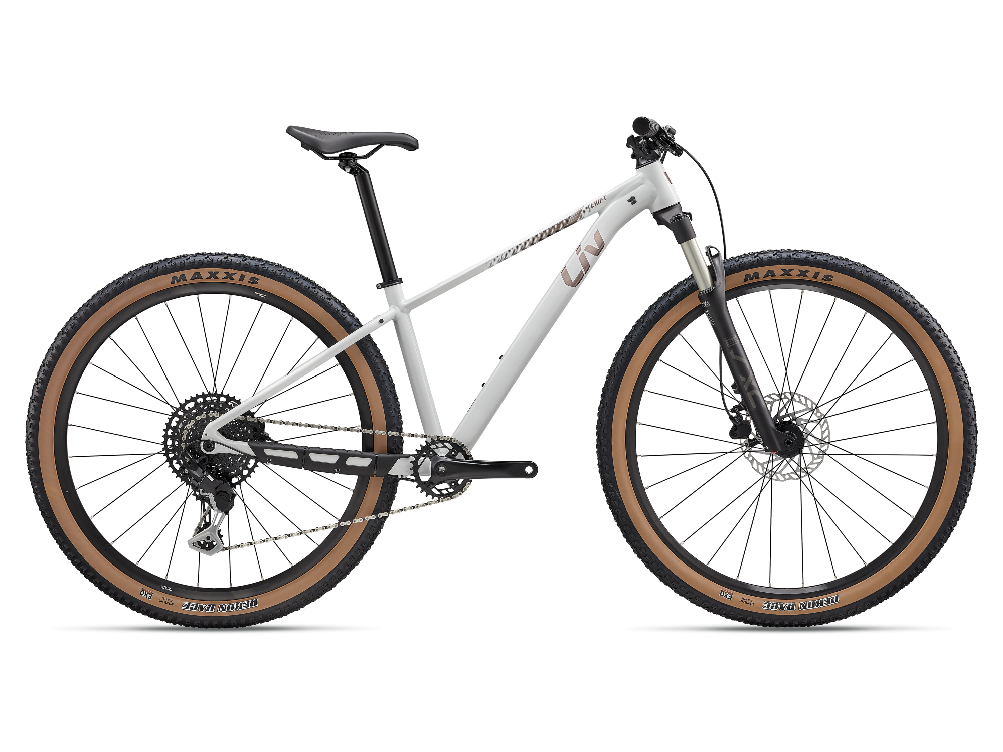 Liv Tempt 1 Hardtail-Mountainbike in Weiss mit Federgabel und Stollenreifen in Seitenansicht.