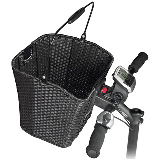 Klickfix MultiClip E Displayhalter in Schwarz mit Korbmontage am Velolenker und E‑Bike‑Display.