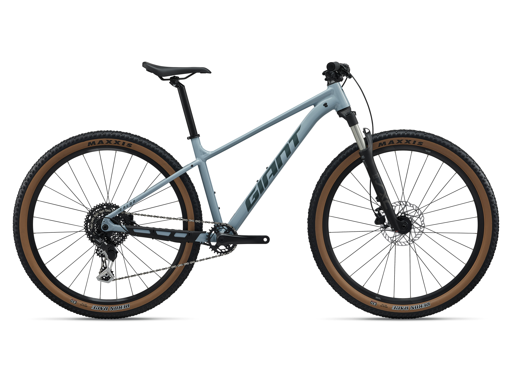 Giant Talon 1 Hardtail-Mountainbike in Dusty Blue mit Federgabel und Stollenreifen in Seitenansicht.