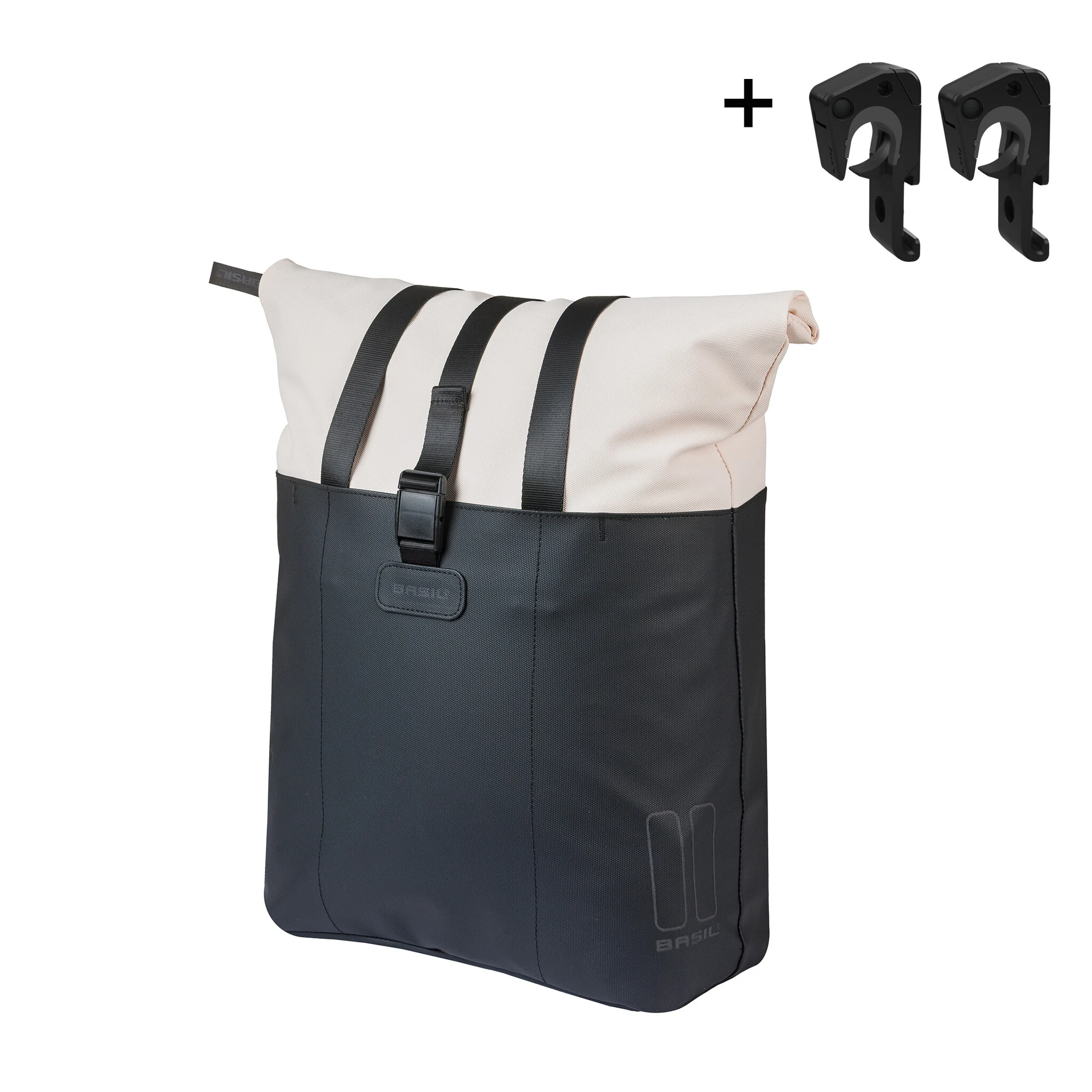 Basil Vive Shopper in Off‑White/Schwarz inklusive MIK-Hooks, schräg von vorne abgebildet.