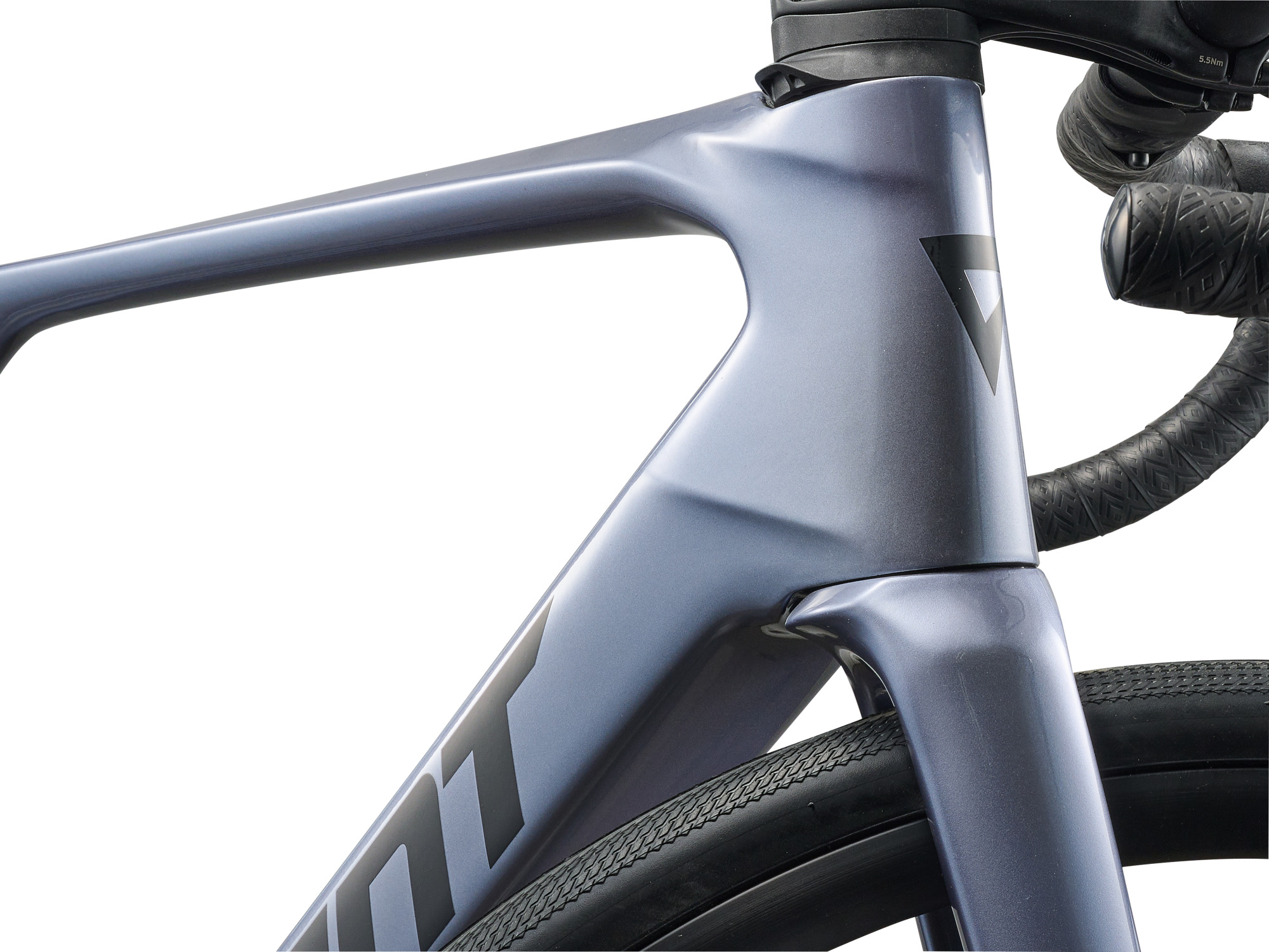Giant Defy Advanced E+ Elite 2, E-Rennrad mit Carbonrahmen in silber, Detailansicht Steuerkopf