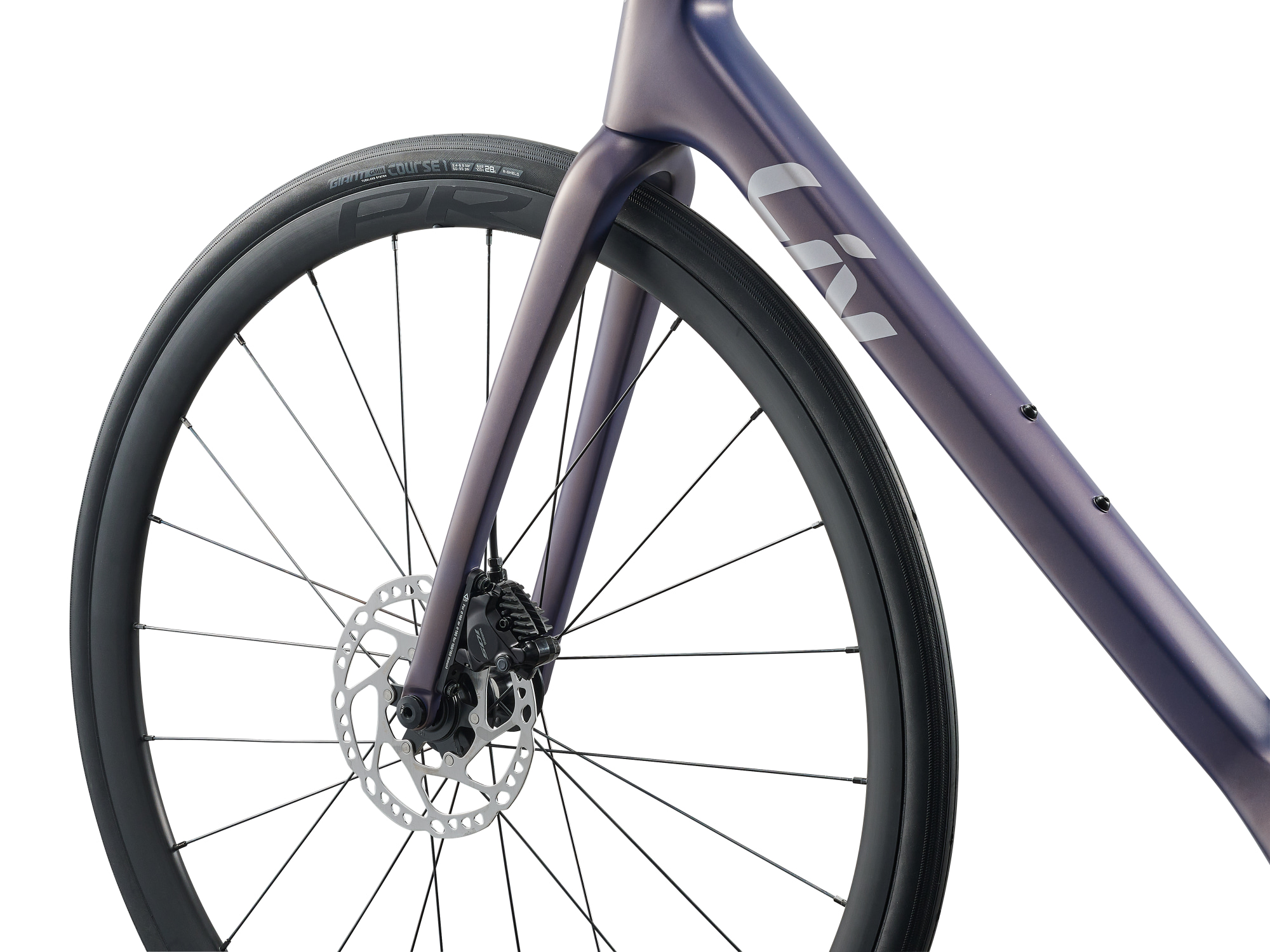 Liv Damen-Rennvelo Langma Advanced 1 mit Carobn-Rahmen, -Gabel und -Laufrädern in einem rauchigen lila, Detailansicht Gabel und Vorderrad