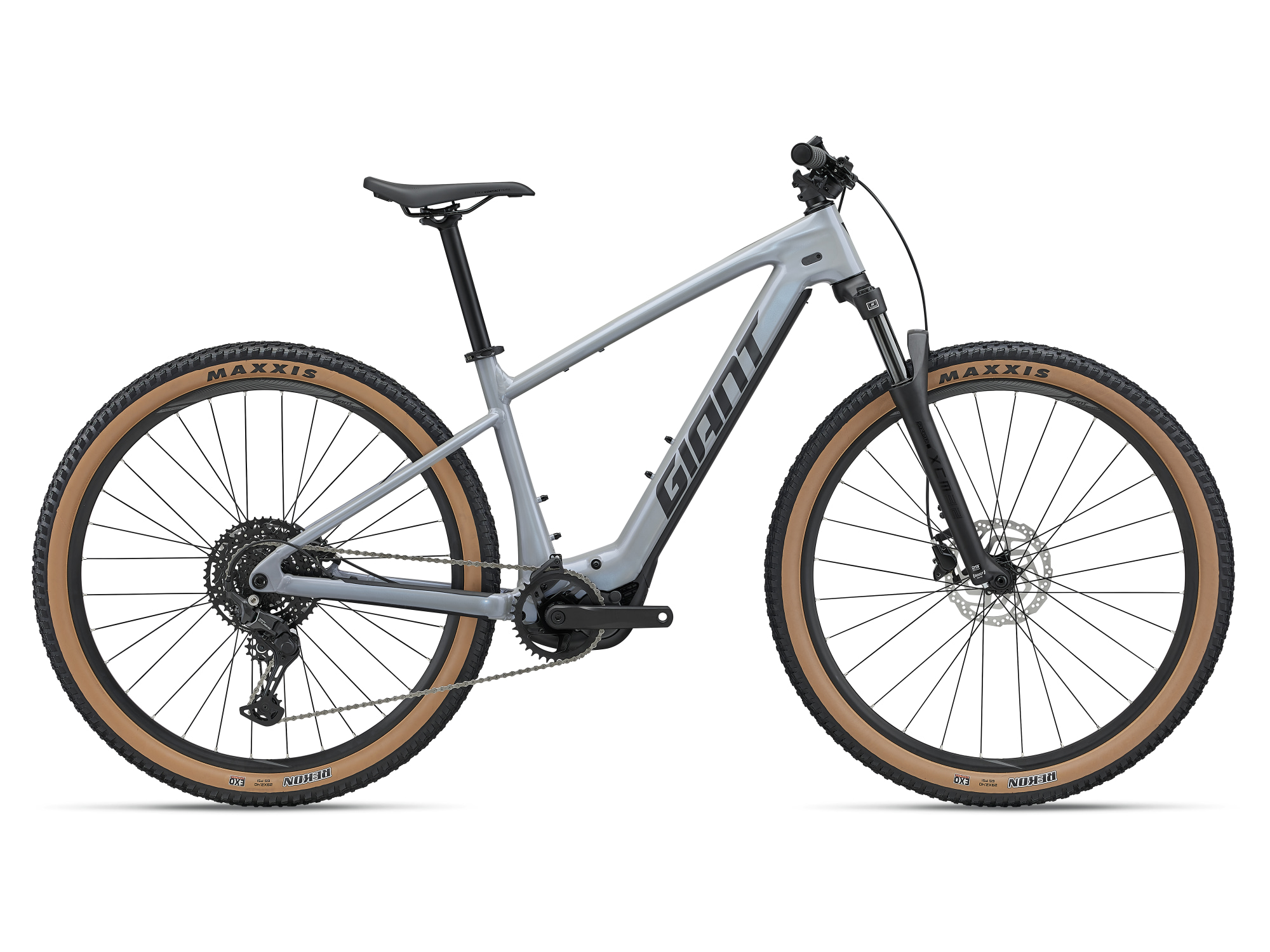 Giant Talon E+ 2 E-Mountainbike in Moonstone, Seitenansicht mit integriertem Akku und Federgabel.