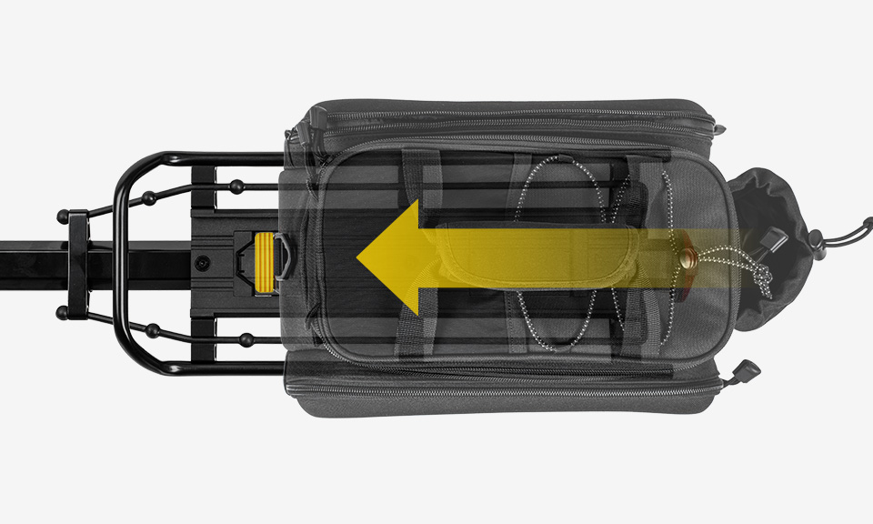 Topeak MTX BeamRack Gepäckträger A-Type zur Montage an der Sattelsütze in schwarz, Anischt von oben, Skizze mit aufgeschobenener Tasche