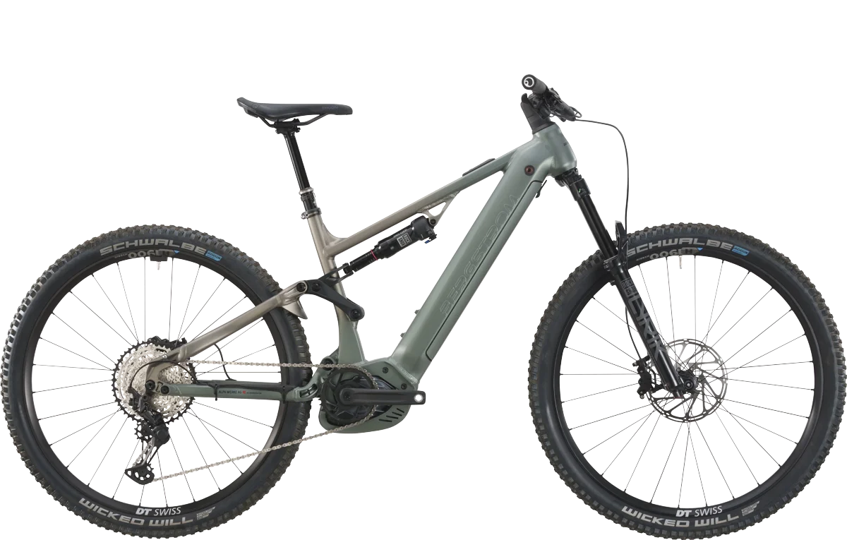Bergstrom AXV 869 E-MTB Fully in Dunkelgruen-Stein-Grau matt mit vollgefederter Rahmenbauweise und integriertem Akku.