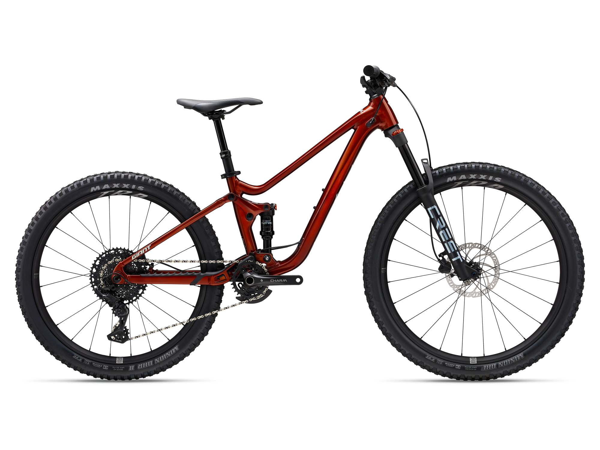 Giant Faith Full-Suspension Mountainbike in Kupfer mit Hinterbaudämpfer in Seitenansicht.