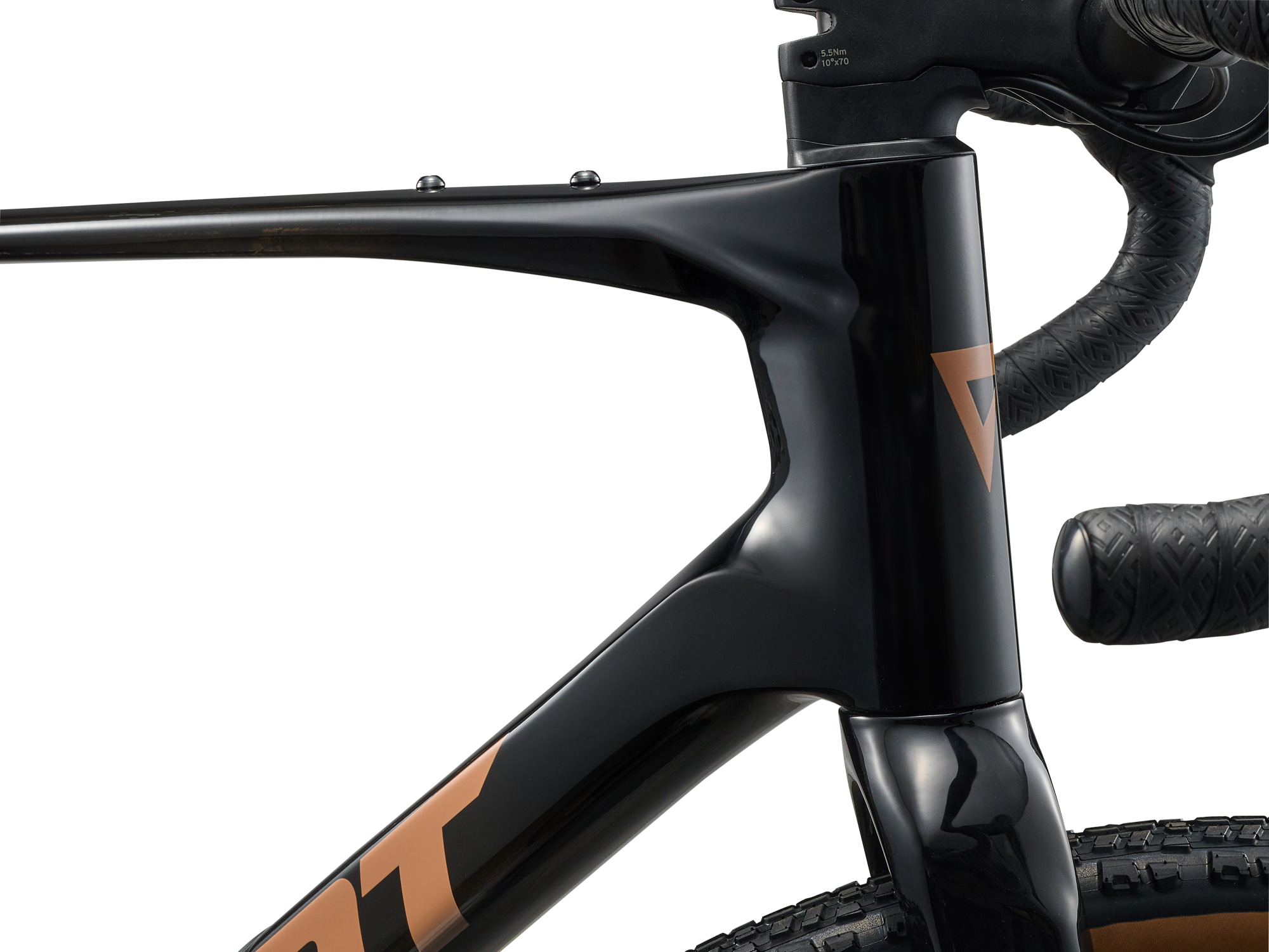 Gravelbike der Marke Giant, Modell Revolt Advanced 2 in dunklem schwarz, Detailansicht Steuerkopf in schwarz