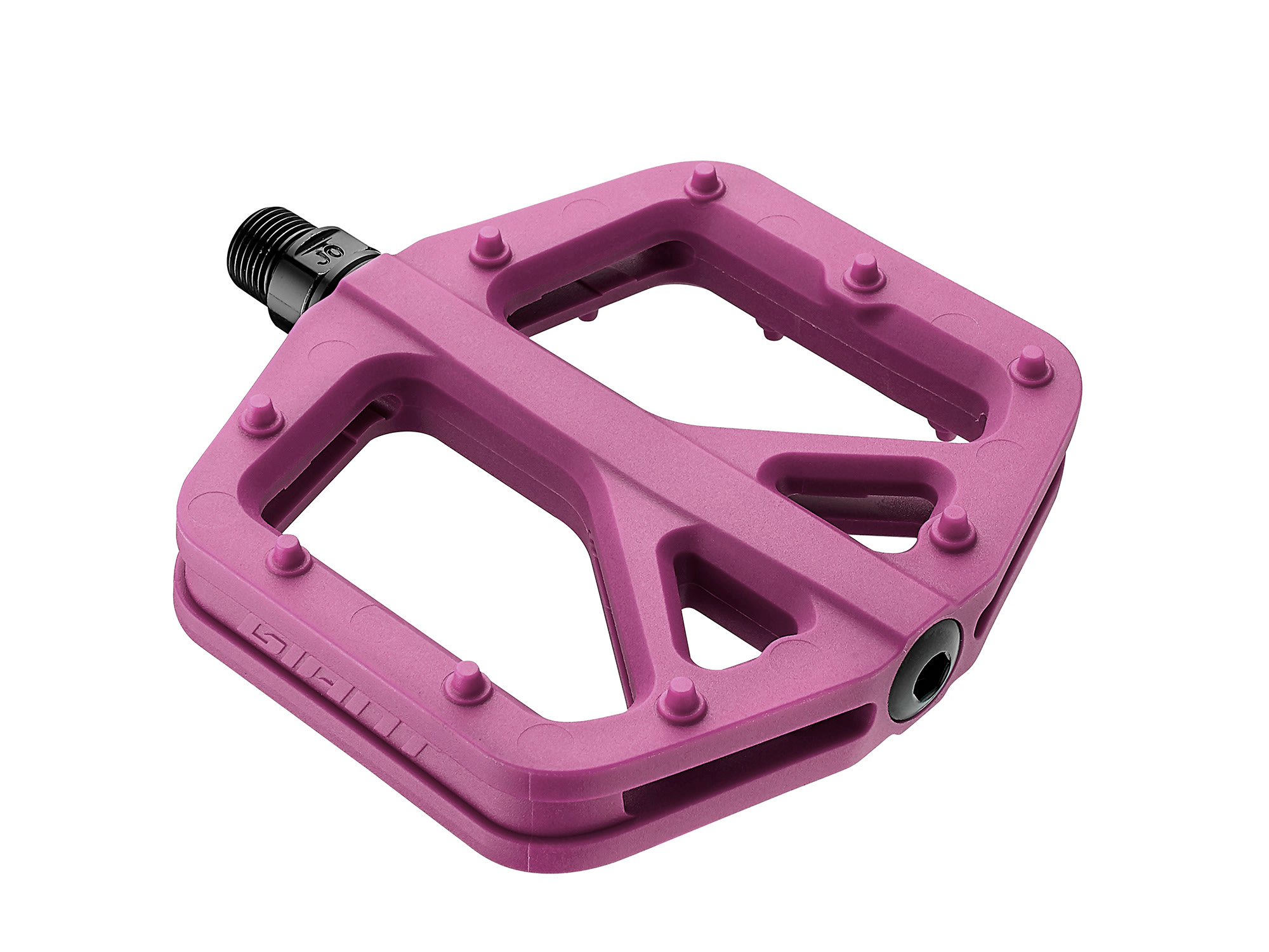 Giant Pinner Comp Flat Pedal in Violett mit breiter Plattform und griffigen Pins in Detailansicht.