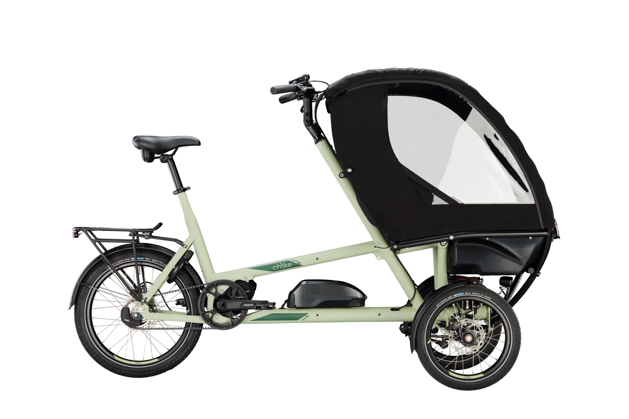 Seitenansicht eines schwarzen Chike e‑Kids Lastenrads mit großer, transparenter Kinderkabine vorne und elektrischem Antrieb.