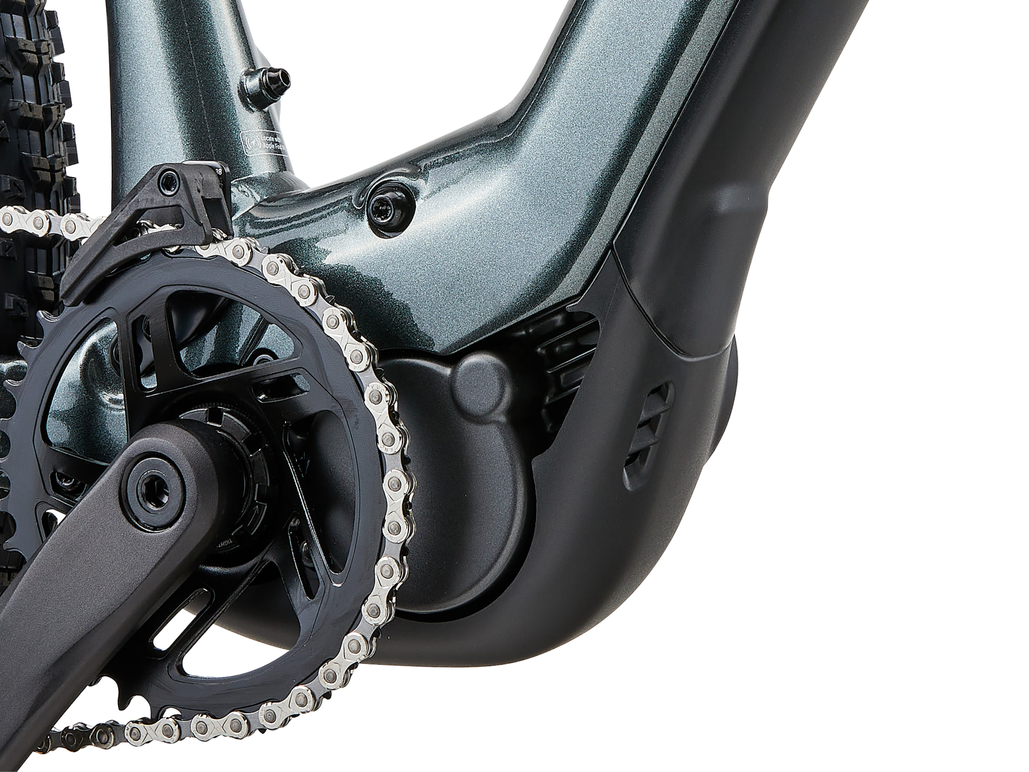 Giant E-MTB Talon E+ ind dunklem grün , Detailansicht Kurbelblatt und Motor