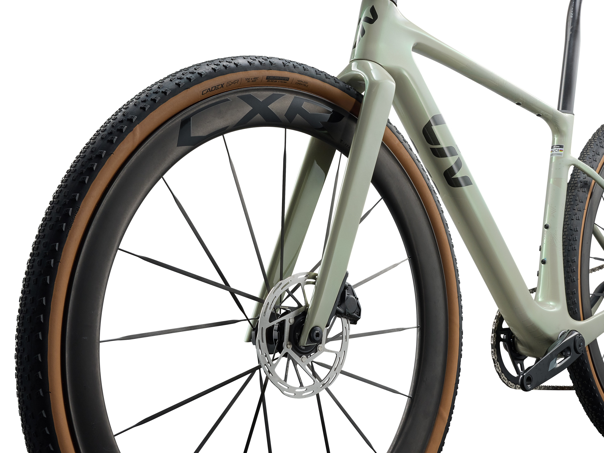 Liv Devote Advanced SL 2 Gravelbike in grün mit Scheibenbremse und breiten Gravelreifen vorne