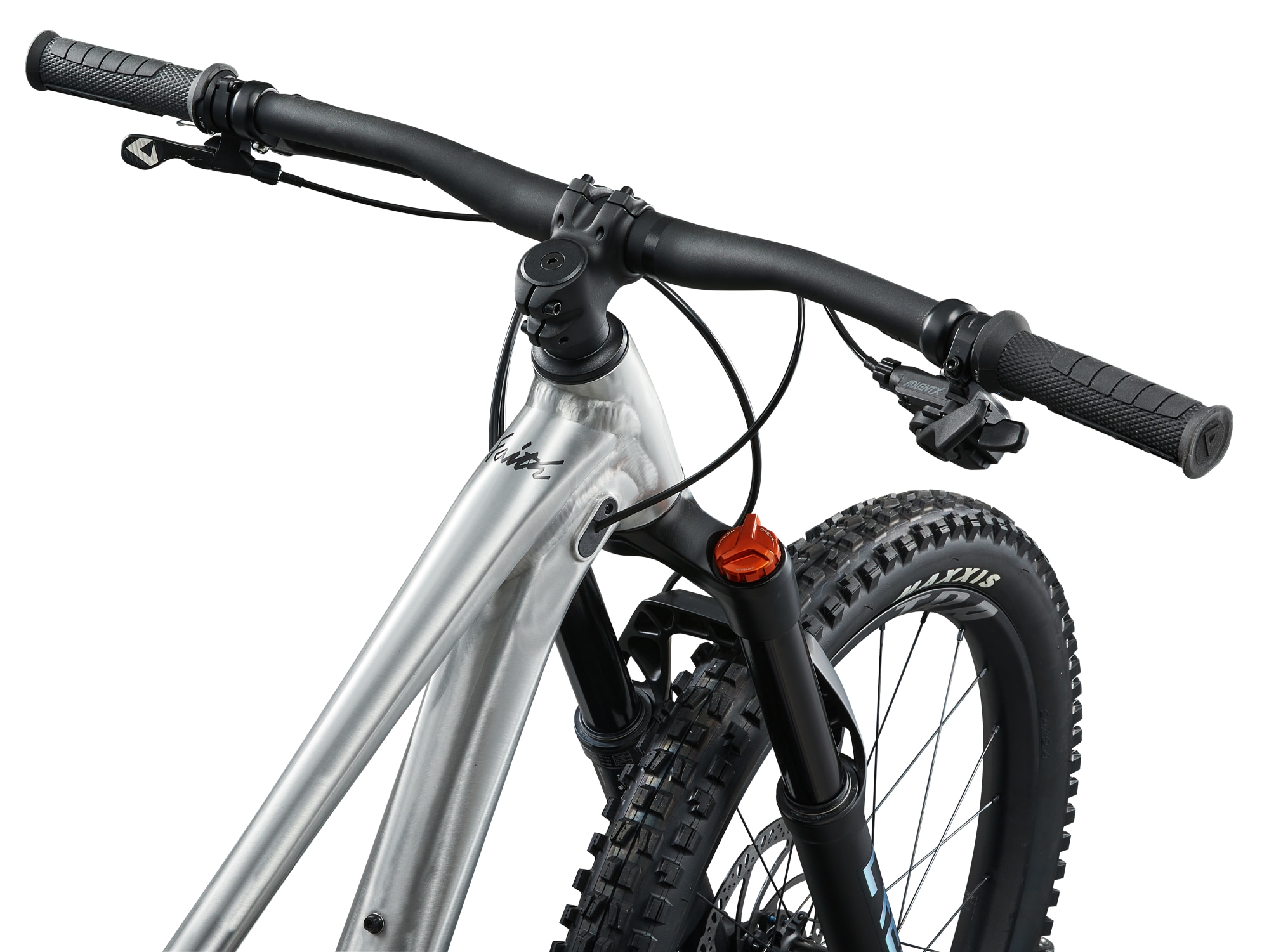 Giant Faith 24 Mountainbike in Raw Aluminium mit Flatbar-Lenker und Federgabel im Detail.