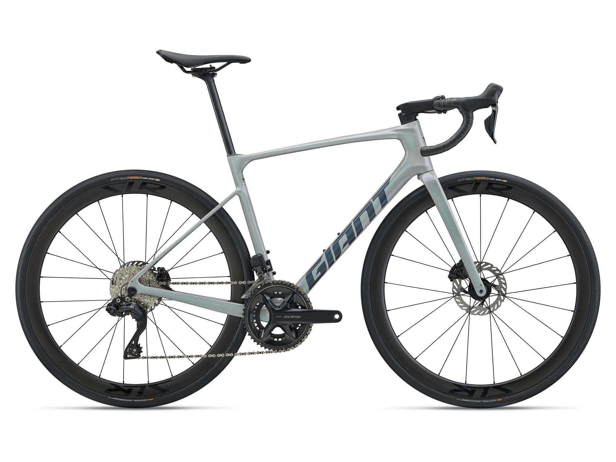 Giant Defy Advanced 0 Rennvelo in Supernova Grey mit Scheibenbremsen und Carbonrahmen in Seitenansicht.
