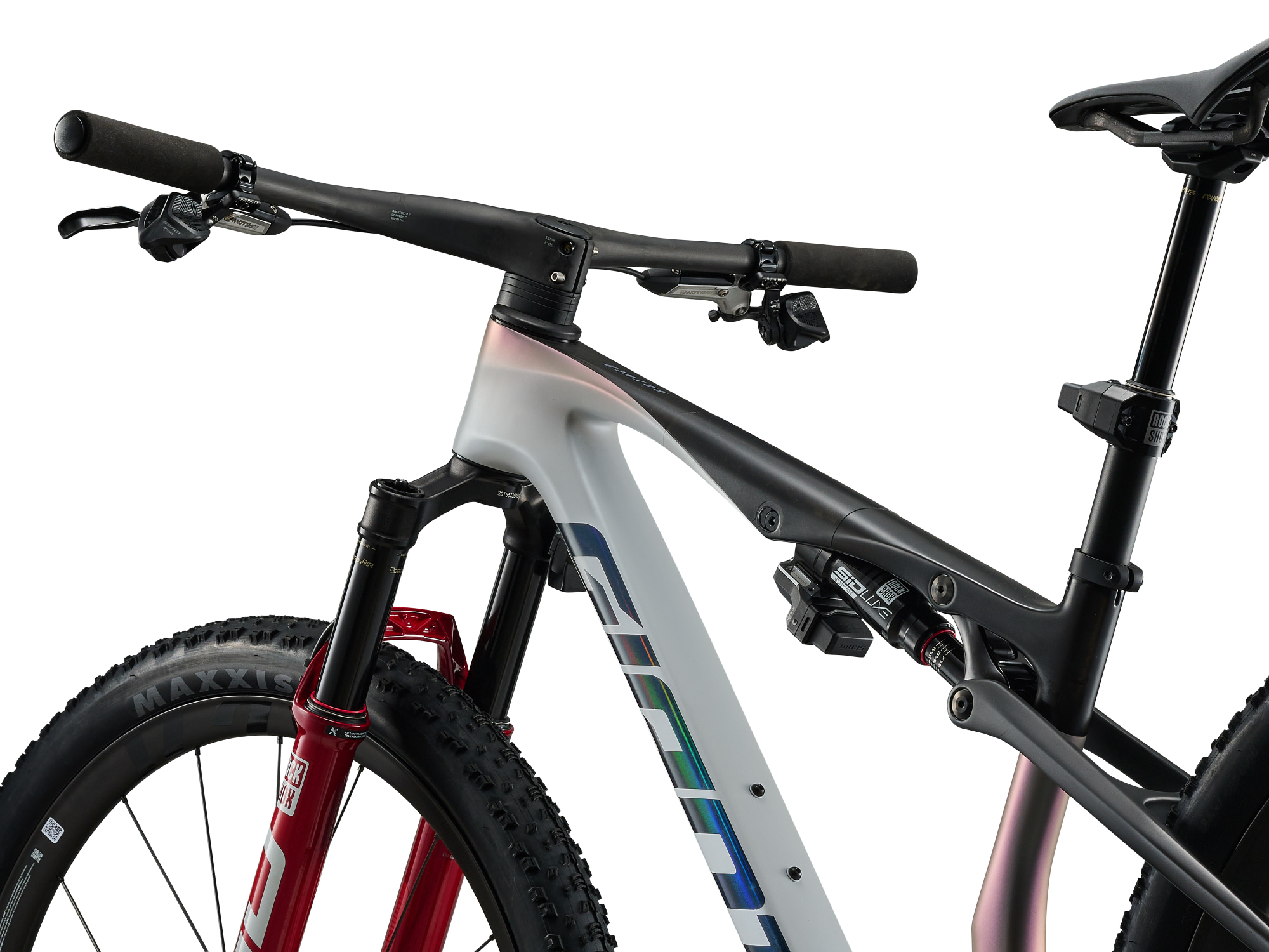 Giant Anthem Advanced SL SE MTB, Fullsuspension in weiss-schwarz, Detailansicht Flex-Point Federsystem von links